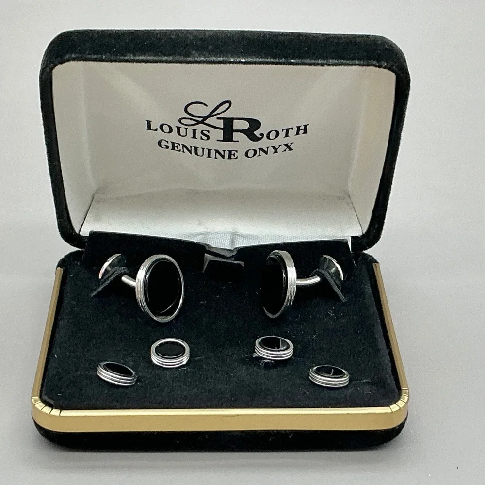 Louis Roth Cufflinks Genuine Onyx Silver Tone Tuxedo Shirt Stud Set Vintage Box